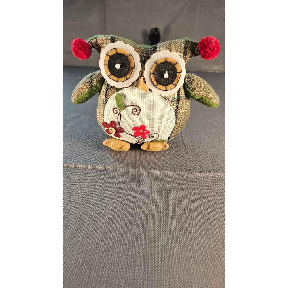 Plush Plaid Owl weighted Green Brown Floral Embroidery Pom Poms 6 inch Decor
